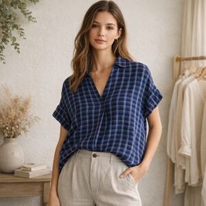 Madewell‎ Courier Shirt Womens Blue Plaid Short Sleeve Cotton V-Neck Blouse